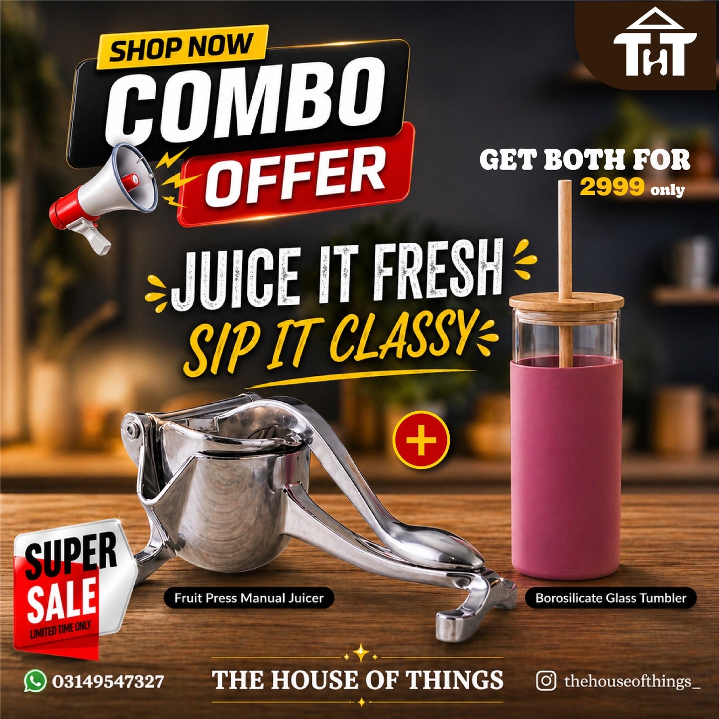 Combo Offer- Manual Juicer Press + Borosilicate Tumbler