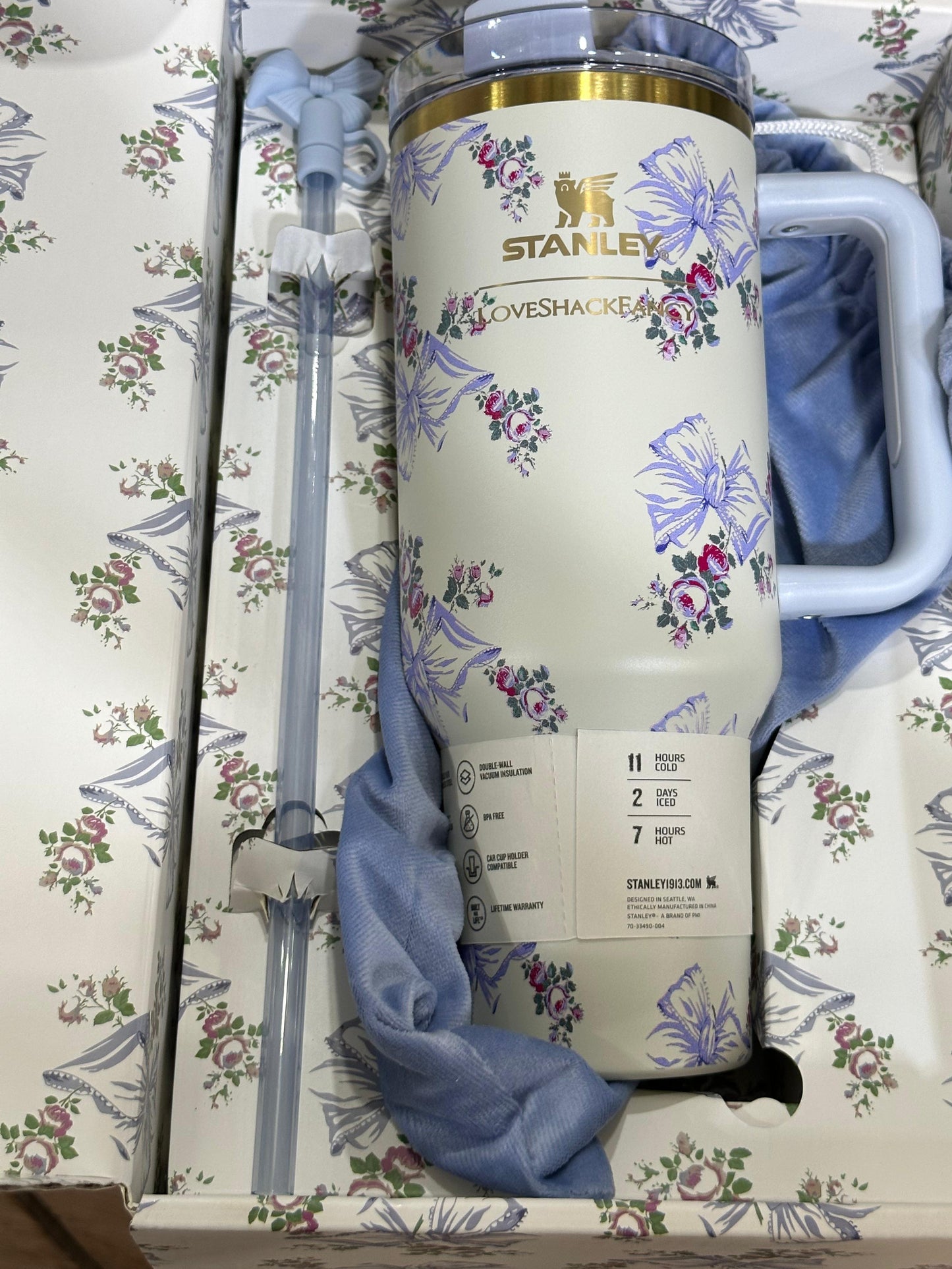 The Stanley X LoveShackFancy Holiday Quencher |40 Oz| Rosa Beaux Blue(Premium Quality Gift Box Dust Bag included)