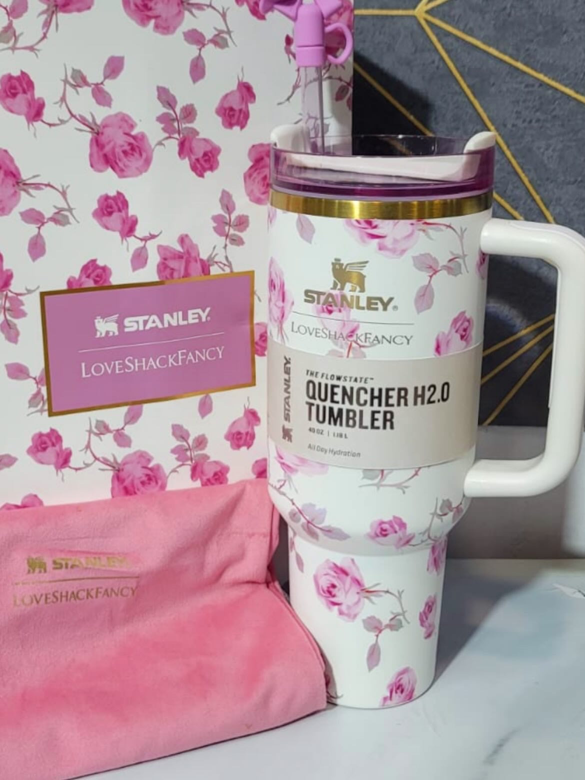 The Stanley X LoveShackFancy |40 oz| Ribbon Rosa(Imported Premium Quality GiftBox dust bag included)