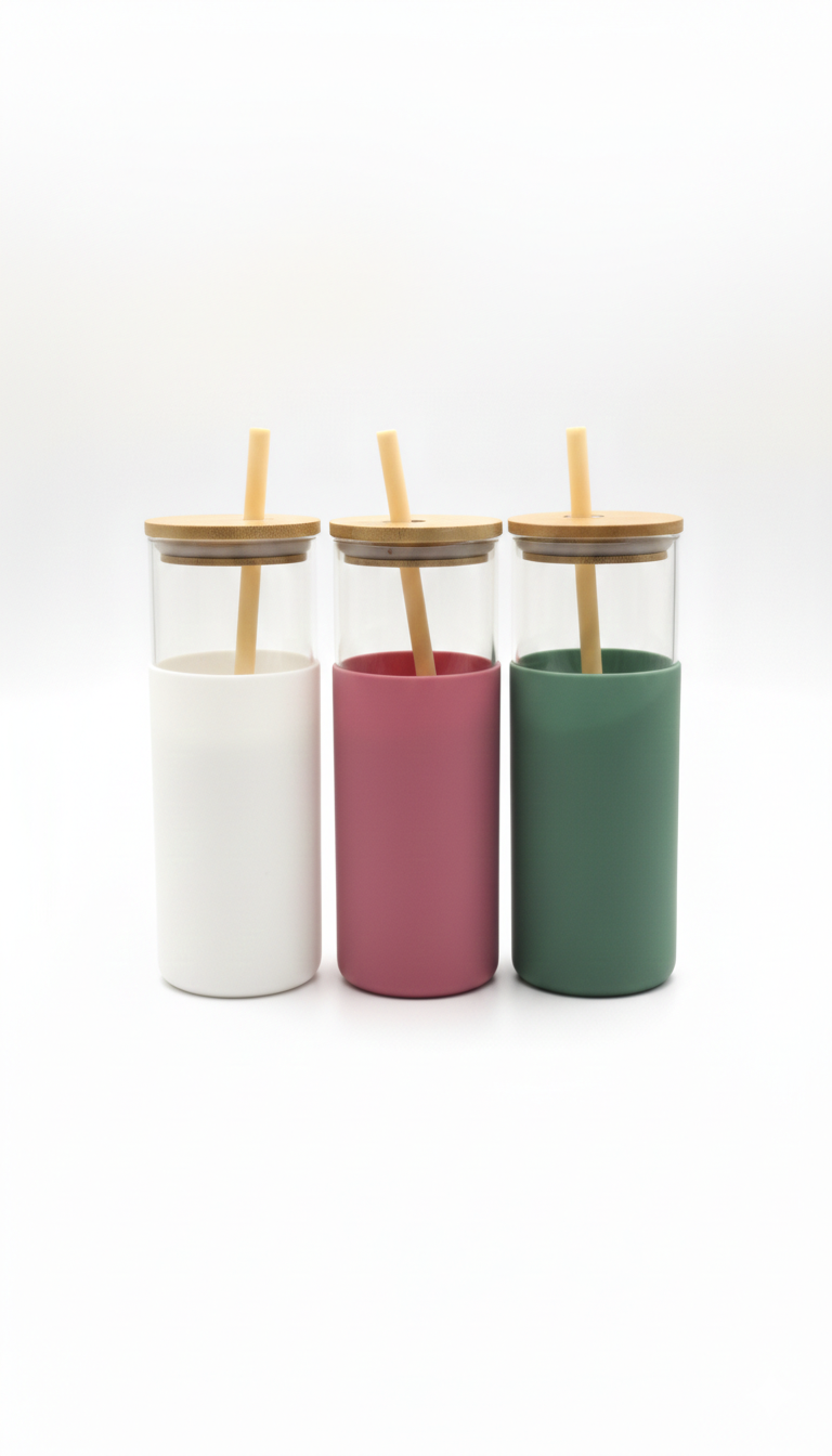 Eco Friendly Borosilicate Glass Tumbler – 550ml | Silicone Sleeve | Bamboo Lid & Straw
