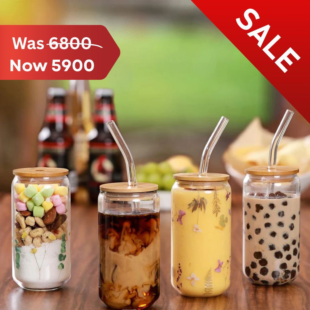 Drinking Glasses with Bamboo Lids and Glass Straw