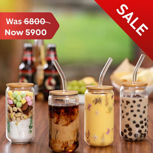 Drinking Glasses with Bamboo Lids and Glass Straw